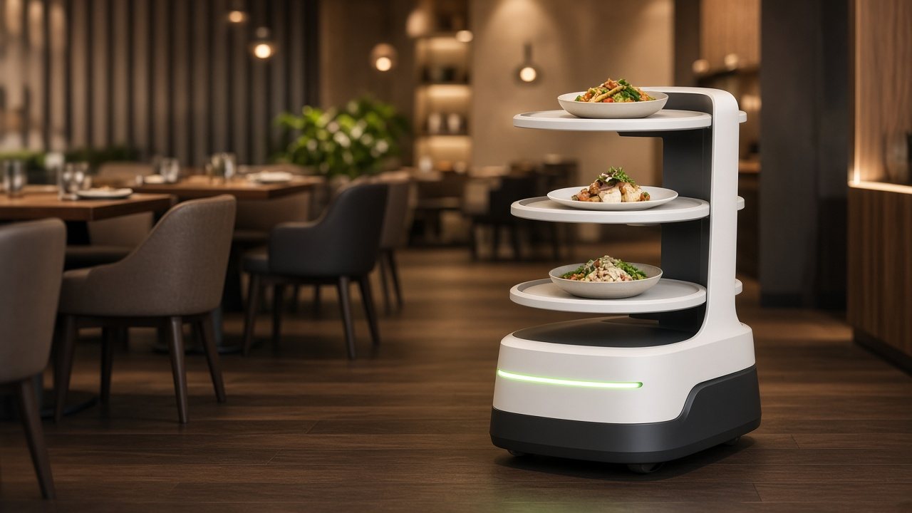 Illustration of a service robot delivering plates in a restaurant
