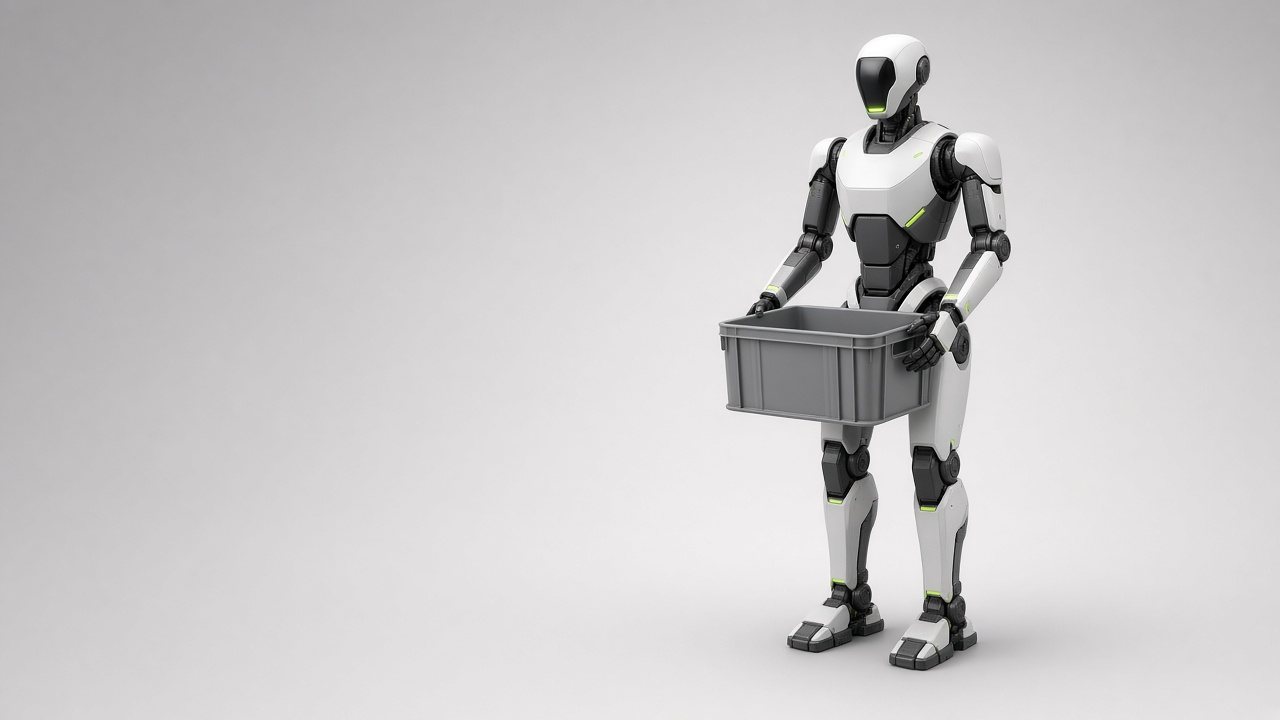 Illustration of a humanoid robot carrying a tote